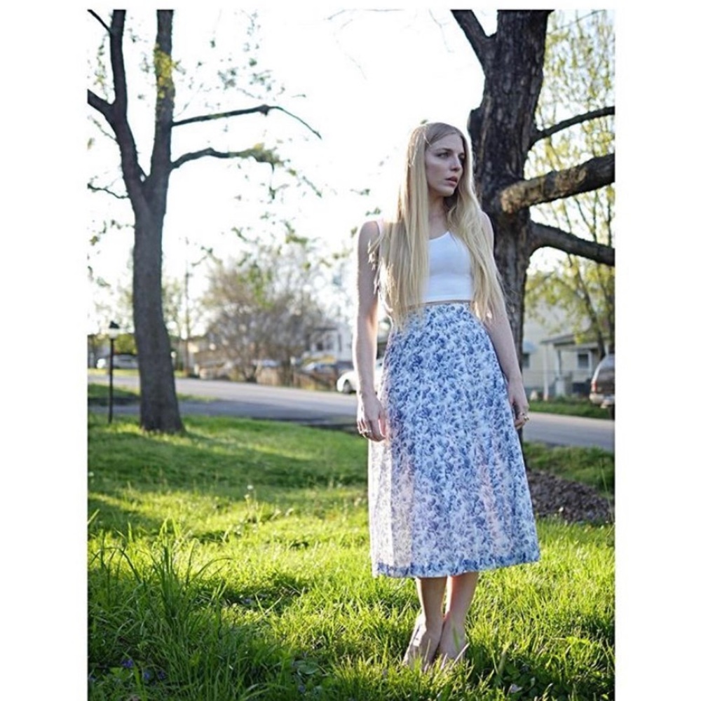 Blue and White Pleated Floral Skirt